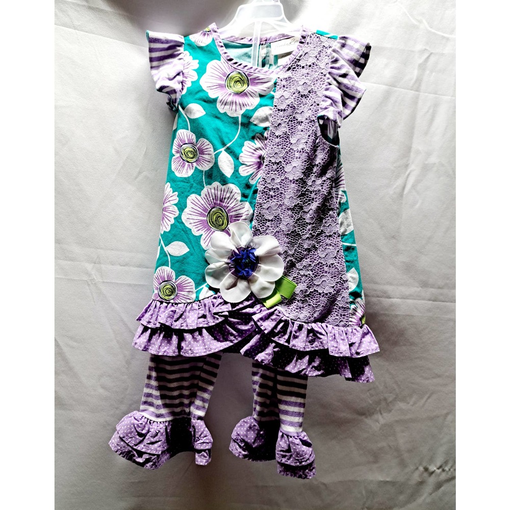 Emily Rose 2 piece top pant Lilac turquoise floral ruffle stripes lace set 5